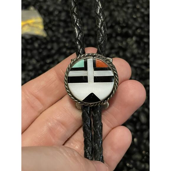 Vintage Sterling Inlaid Zuni Sun Face Turquoise Coral Onyx Mop Bolo Tie Necklace - Picture 2 of 9